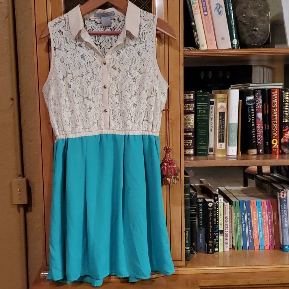 Light tan and lace and teal rayon dress